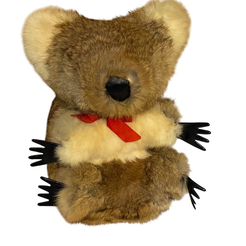 Vtg Australia Souvenir Real Fur Koala Plush Red Bow &‎ Black Claws Lifelike